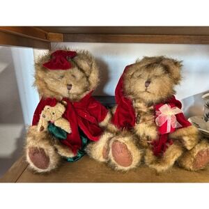 Collections Etc Festive Christmas Teddy Bears Red Velvet Coat Holding Mini Bears